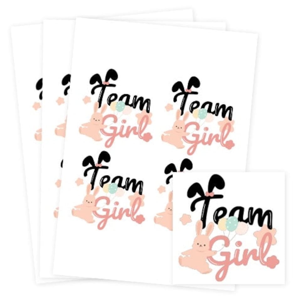 image 1 of Team Girl Bunny Gender Reveal Square Stickers 95mm - Sheet of 4