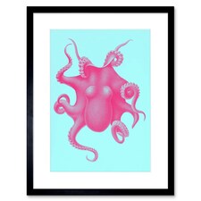 Vintage Octopus Bright Pink Blue Sea Life Design Bathroom 9x7" Black Framed Wall Art Print
