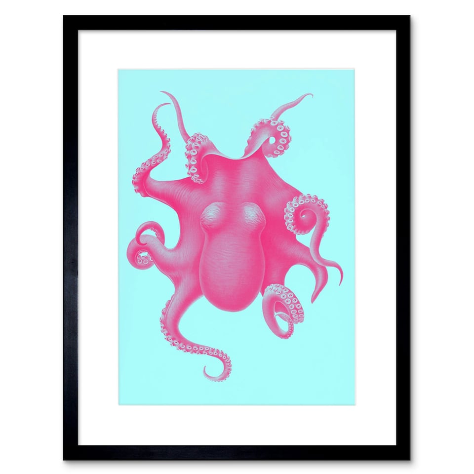 image 1 of Vintage Octopus Bright Pink Blue Sea Life Design Bathroom 9x7" Black Framed Wall Art Print