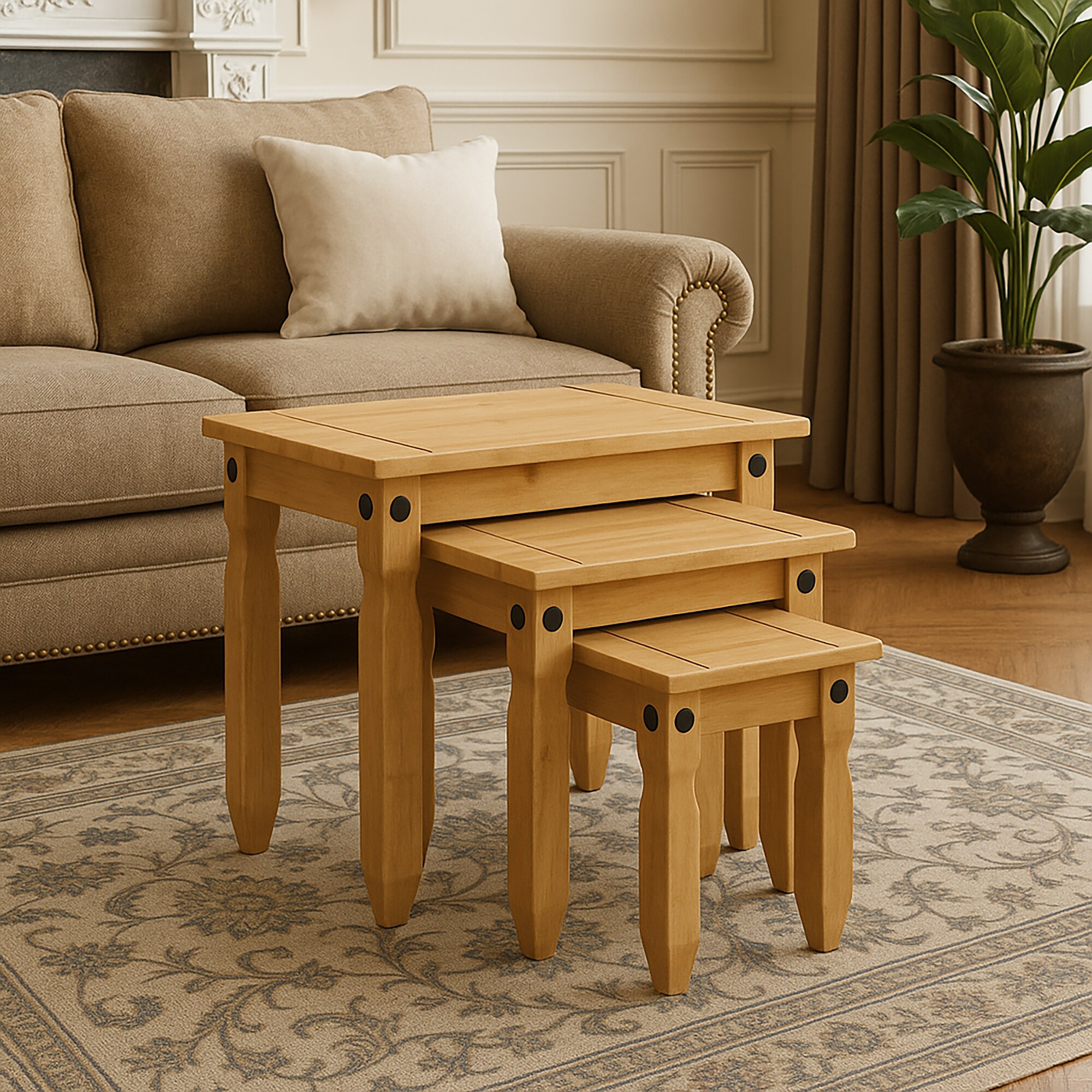 Vida Designs Corona Set of 3 Nest of Tables Sofa Side End Table, Solid Pine Wood