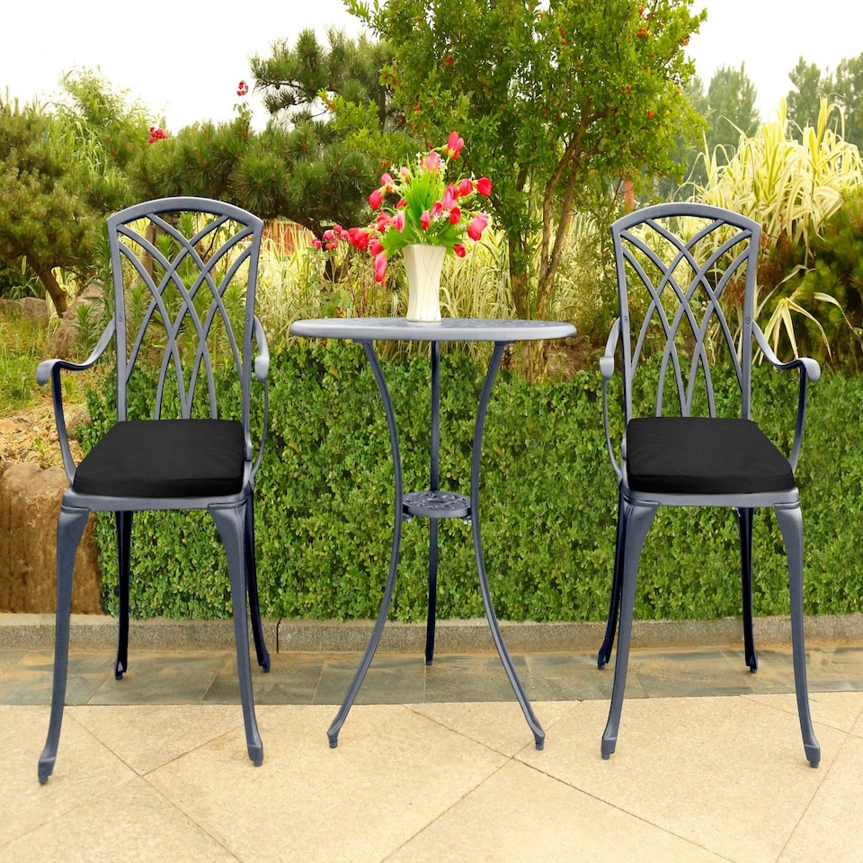 image 1 of Centurion Supports OSHOWA Luxurious Garden and Patio Table and 2 Large Chairs with Armrests Cast Aluminium Bistro Set - Grey with Black Cushions