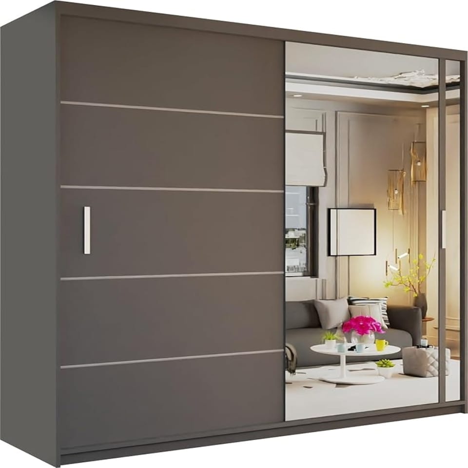 image 1 of Stylish 180cm Sliding Wardrobe with Full Mirror Door & Lined Panel Design | White, Black, Grey Finish Black | Black180cm