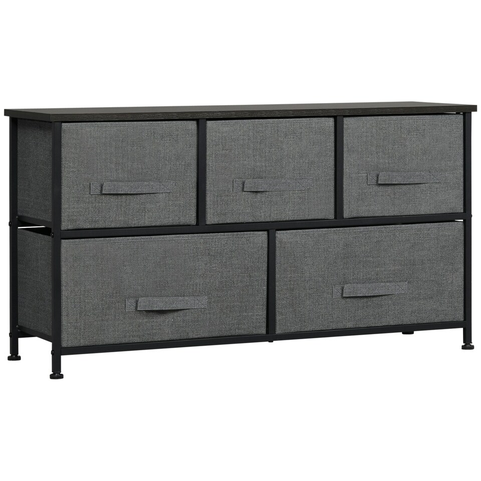 image 1 of HOMCOM Chest of Drawers, 5 Drawer Fabric Dresser for Bedroom, Dark Grey