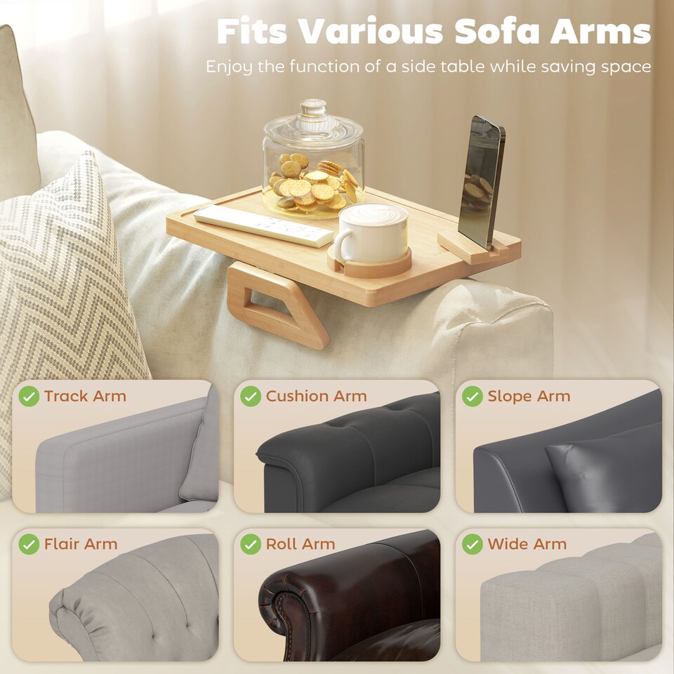 image 1 of HOMCOM Anti-Slip Sofa Armrest Tray with Phone and Cup Holder, Natural