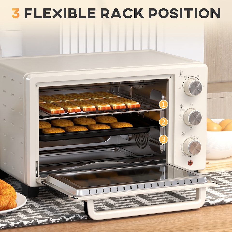 image 1 of HOMCOM Mini Oven, 21L Countertop Electric Grill, Toaster Oven with Adjustable Temperature, Timer, Baking Tray and Wire Rack, 1400W, Cream