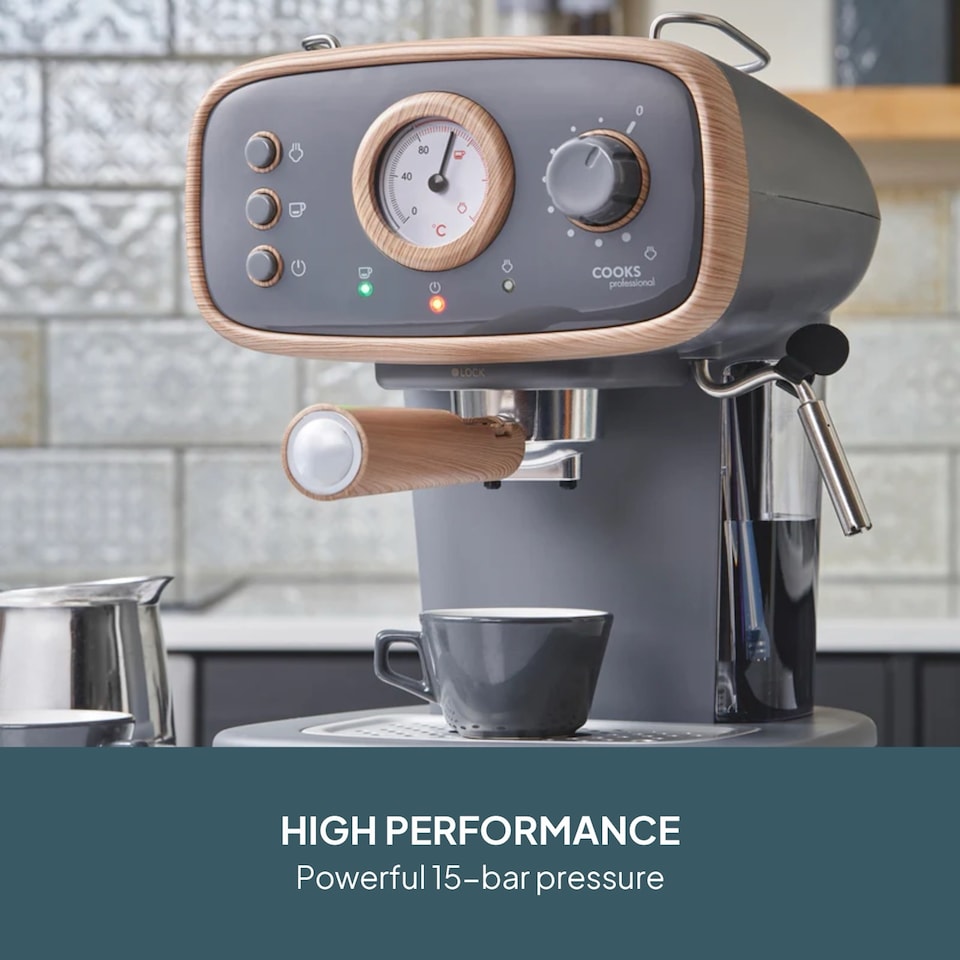 image 1 of Cooks Professional 15-Bar Retro Espresso Coffee Machine 1.2L with Frothing Steam Wand | Grey | Nordic Grey