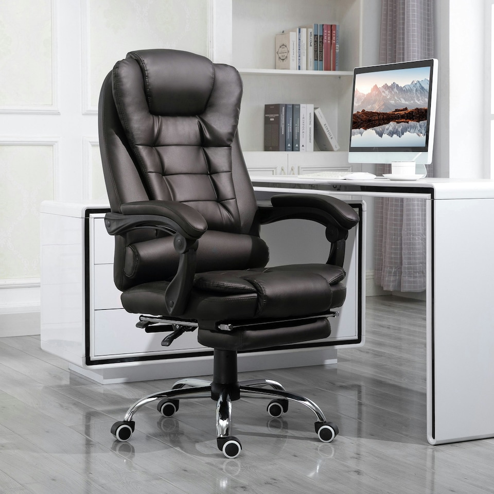 image 1 of HOMCOM PU Leather Executive Office Chair with Retractable Footrest, Brown