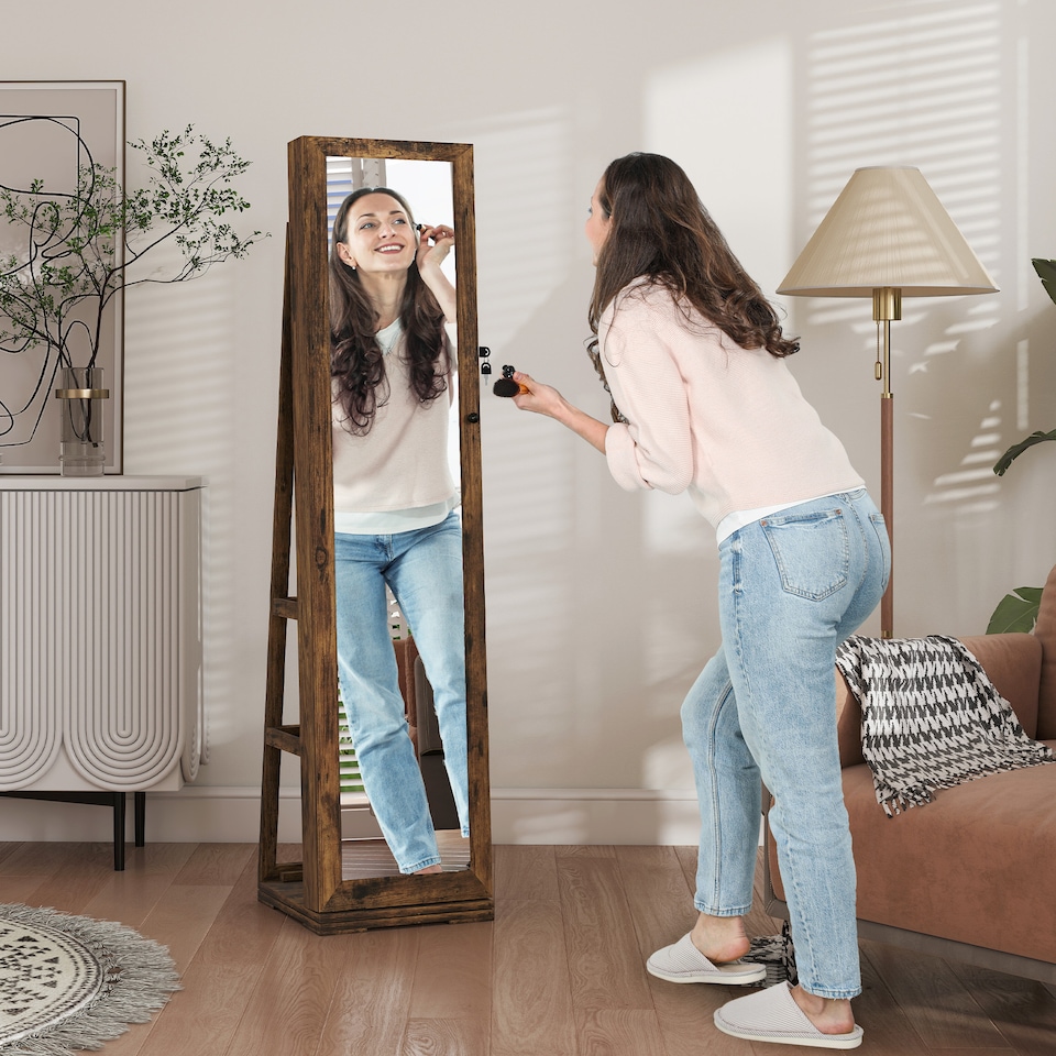 image 1 of HOMCOM 360  Swivel Jewellery Cabinet, Free Standing Full Length Mirror with Storage, Lockable Jewellery Organiser with Built-in Makeup Mirror and Storage Shelves for Bedroom, Rustic Brown | Brown | Rustic Brown