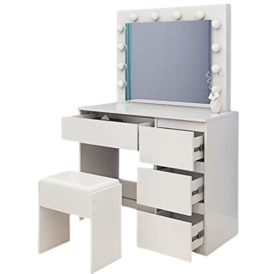 image 1 of White Dressing Table Hollywood LED Mirror Makeup Desk Vanity Table Bedroom Furniture White