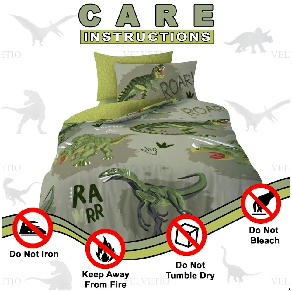 image 1 of VELVETIO Kids Roar Dinosaur Duvet Cover Set Printed Beddings Multi | Single