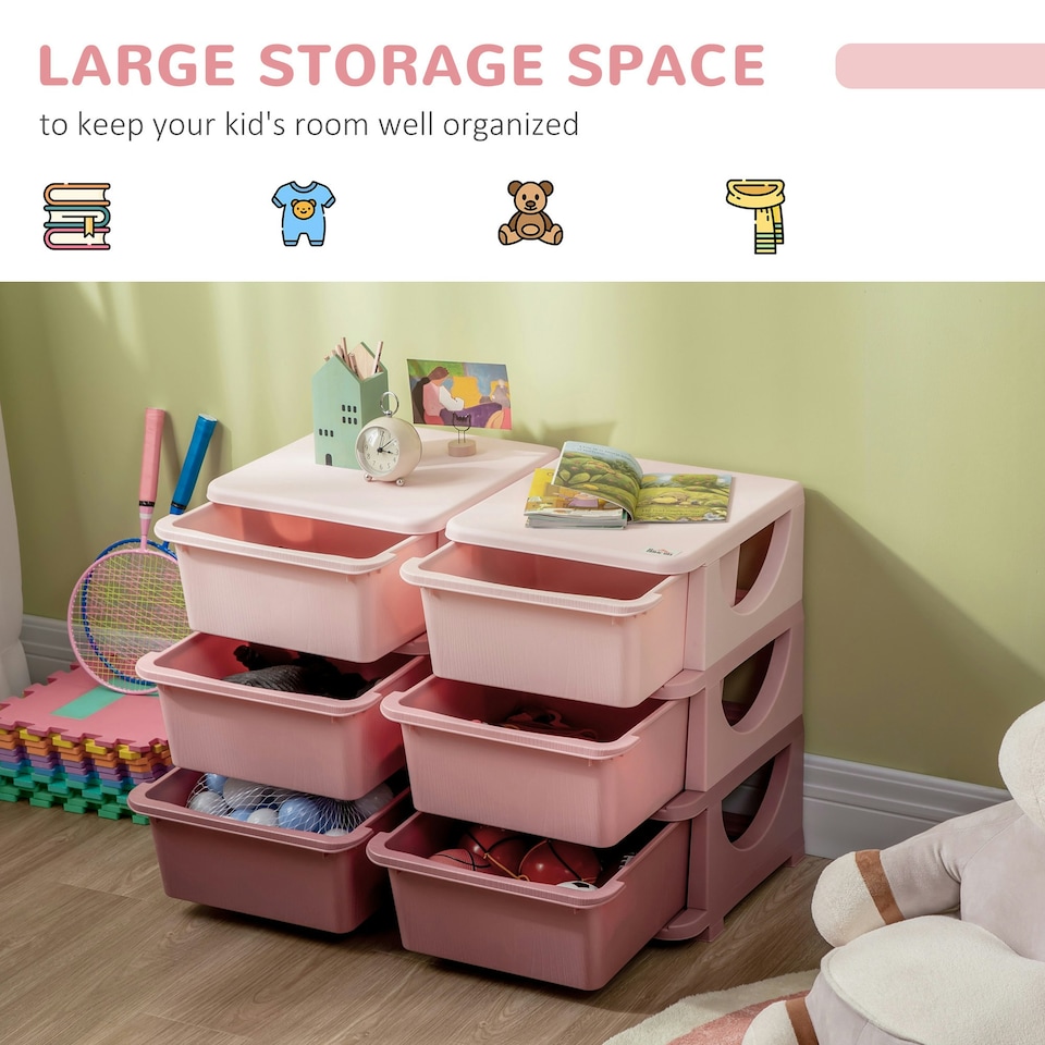 image 1 of HOMCOM Kids Storage Units with Drawers 3 Tier Chest Dresser Tower Pink