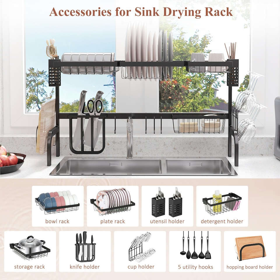 image 1 of HOMCOM Over The Sink Dish Drainer Rack, 2 Tier Dish Rack for Kitchen, Black