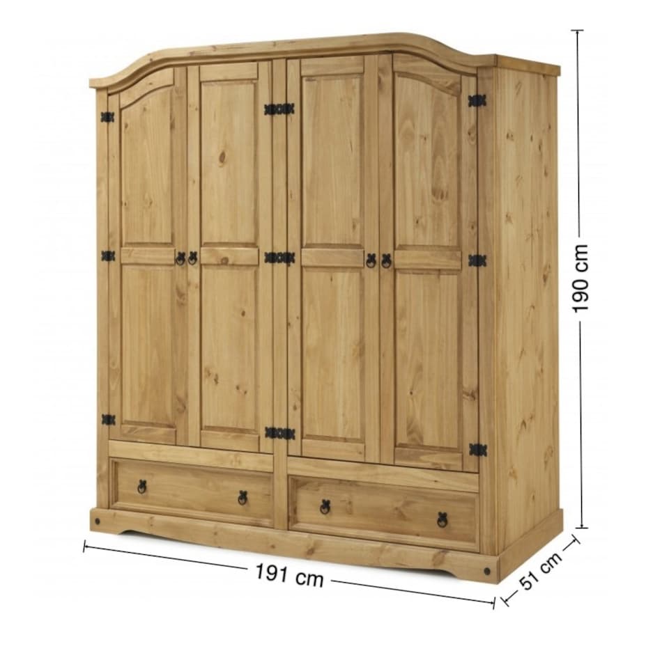 image 1 of Mercers Furniture Corona 4 Door 2 Drawer Wardrobe Large Robe Solid Wood Pine Wooden Bedroom with Mexican Styling