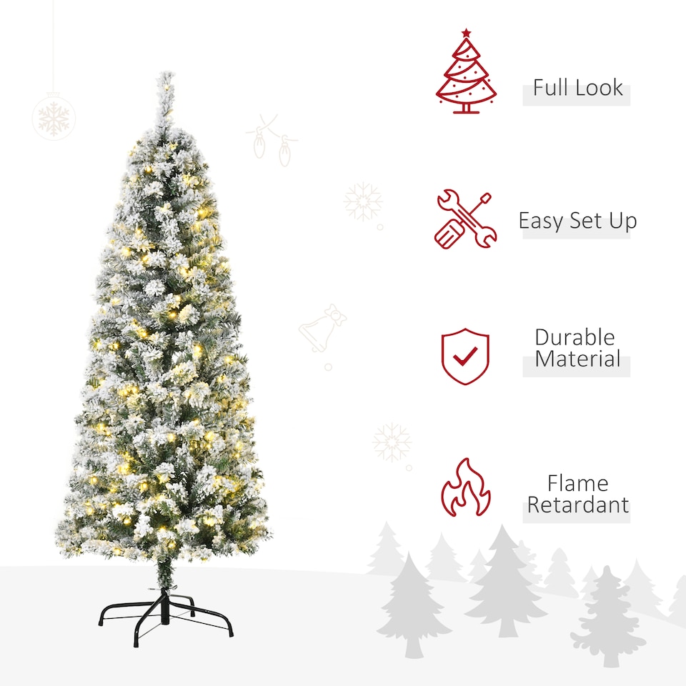 image 1 of HOMCOM 5FT Prelit Artificial Snow Flocked Christmas Tree with Warm White LED Light, Holiday Home Xmas Decoration, Green White