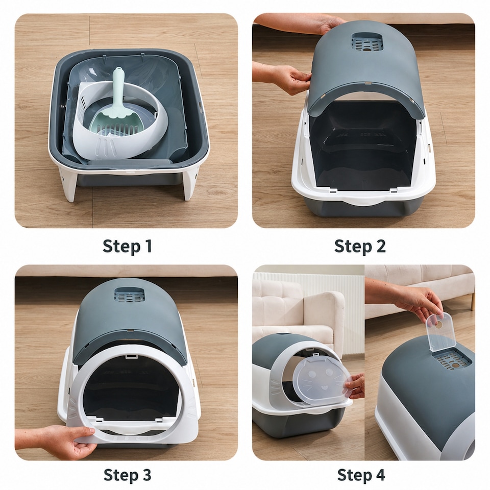 image 1 of Hooded Cat Litter Tray with Flap Door - Covered High-Sided Litter Box - Anti-Spill Easy Clean Indoor Toilet for Cats and Kittens