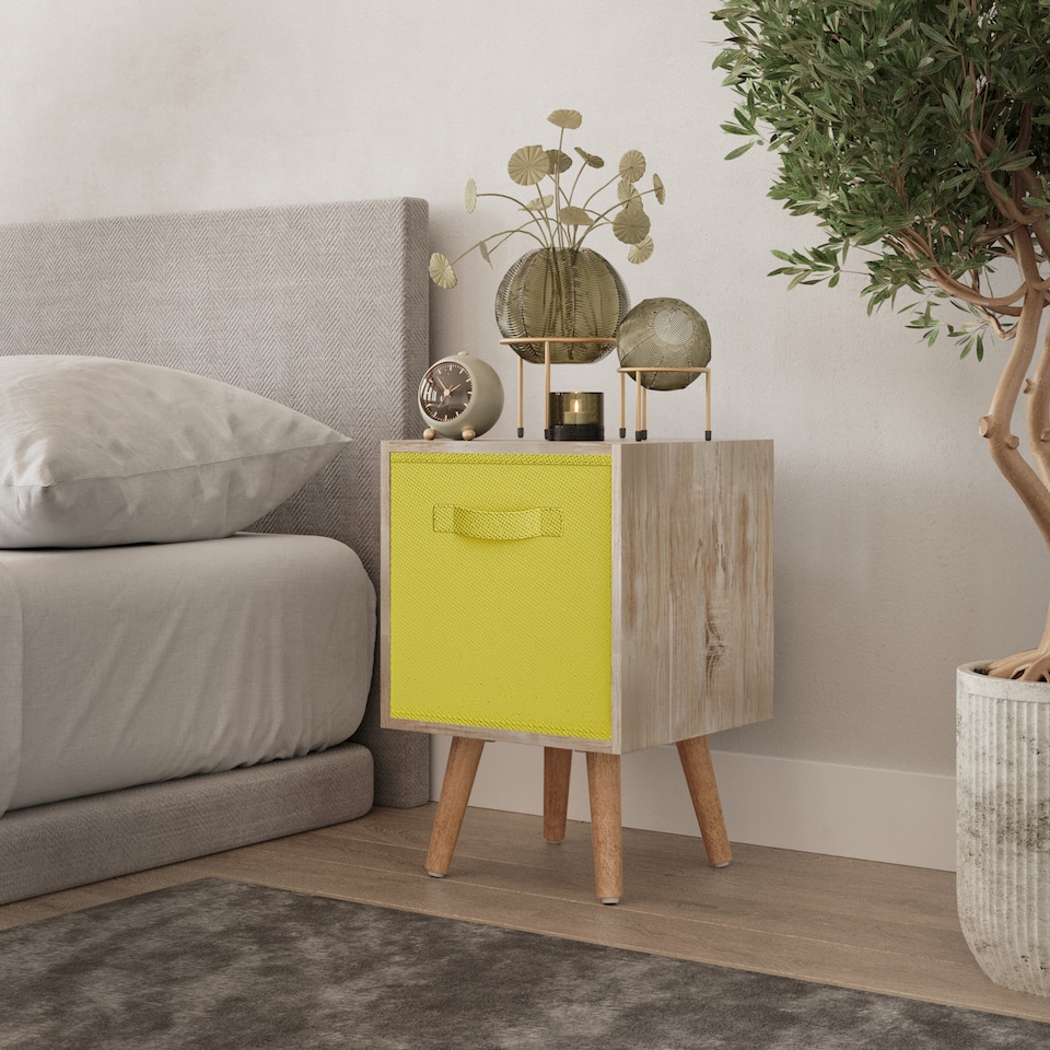 image 1 of Antique Oak 1-Drawer Cube Shelving Unit with Scandinavian Legs | Yellow | Yellow & Beech | 1
