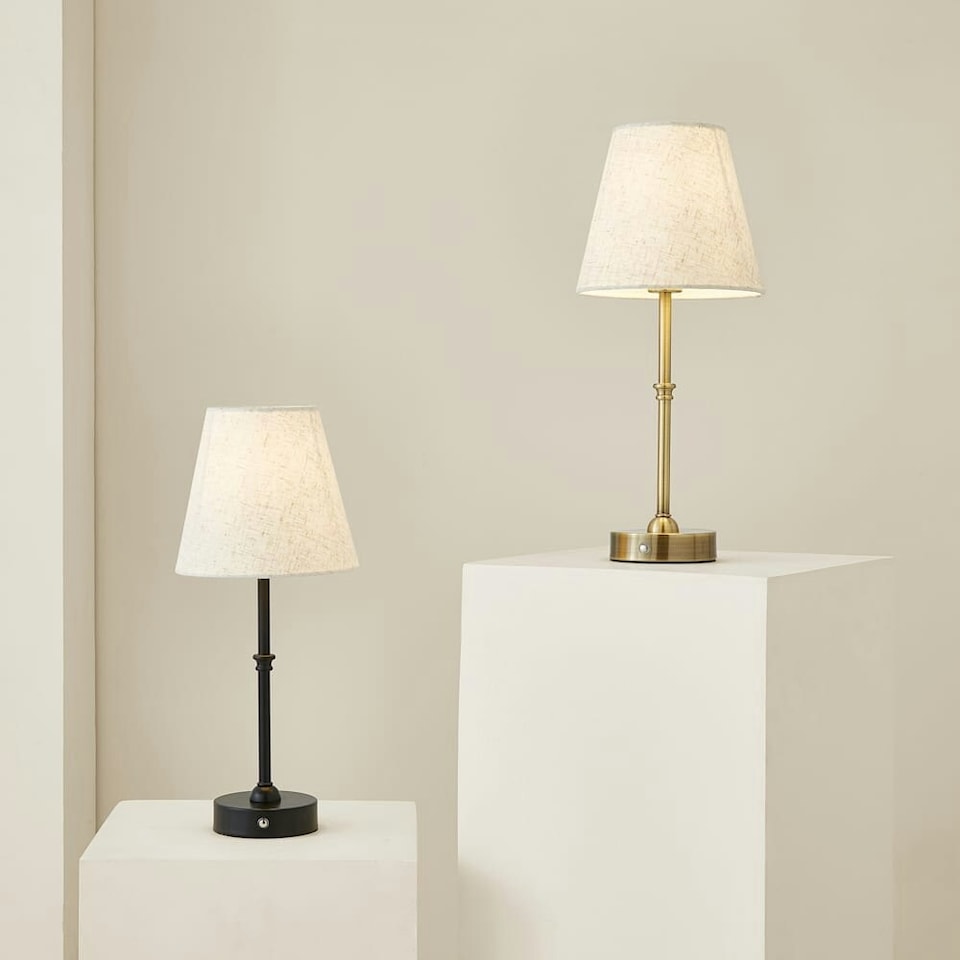 image 1 of ValueLights Lowe Brushed Gold Table Lamp with Natural Tapered Shade and Globe LED 2W Cool White 2700K Bulb