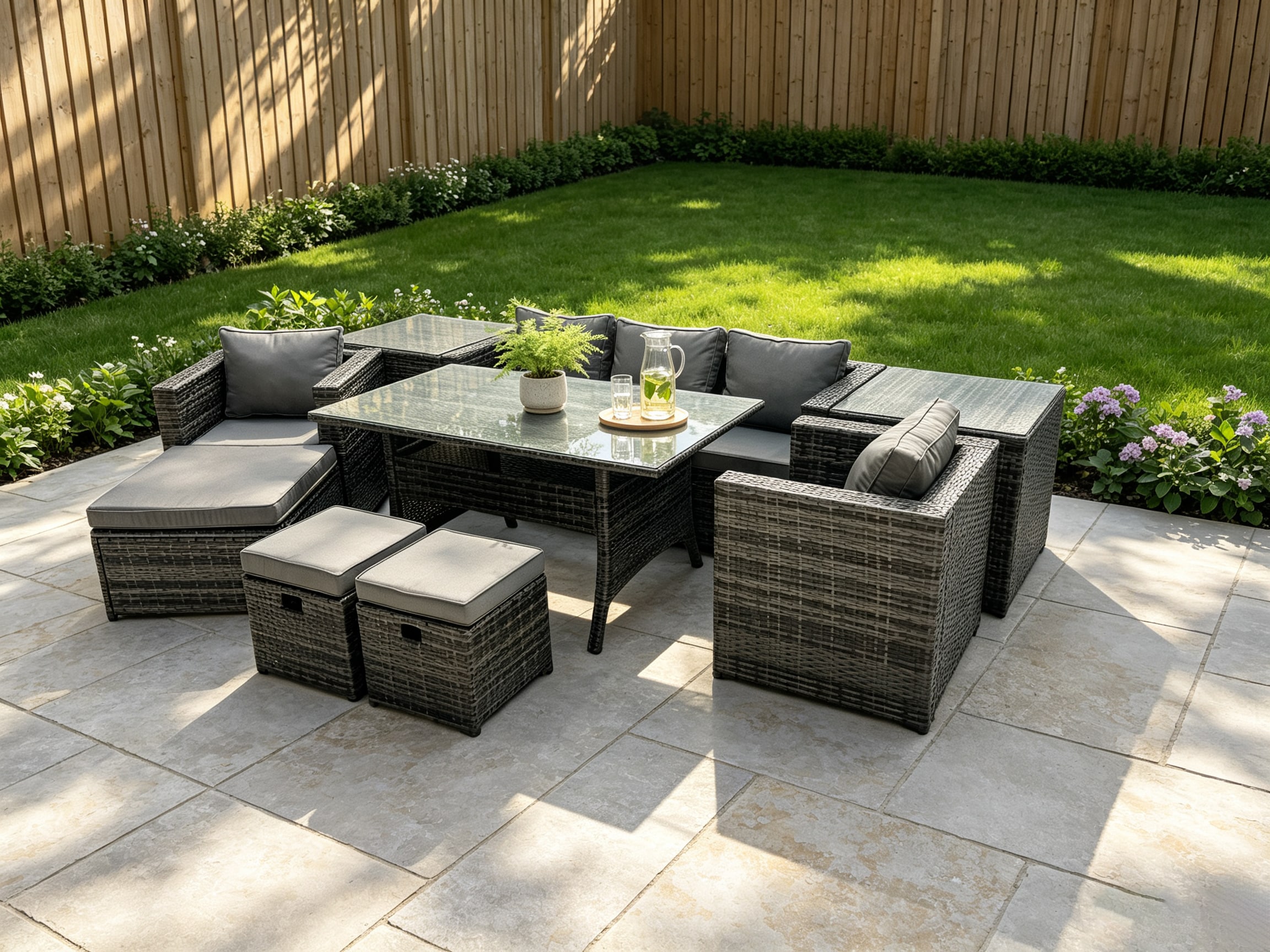 Fimous Outdoor Garden Furniture Set Patio Rattan Rectangular Dining Table Lounge Sofa Chair with 2 Side Table Big Footstool 2 Small Stools 8 Seater Da