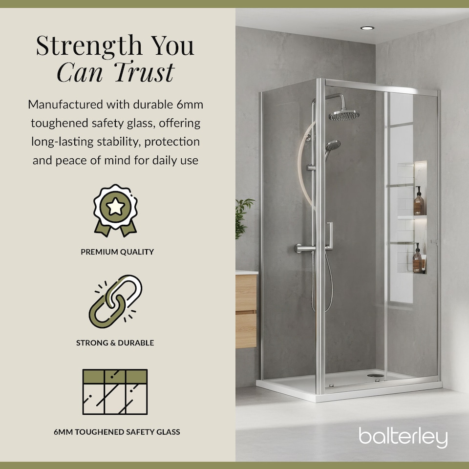 image 1 of Balterley Sliding Shower Door Suite: Safety Glass Sliding Door, Side Panel & Resin Shower Tray | Silver | Chrome | 3