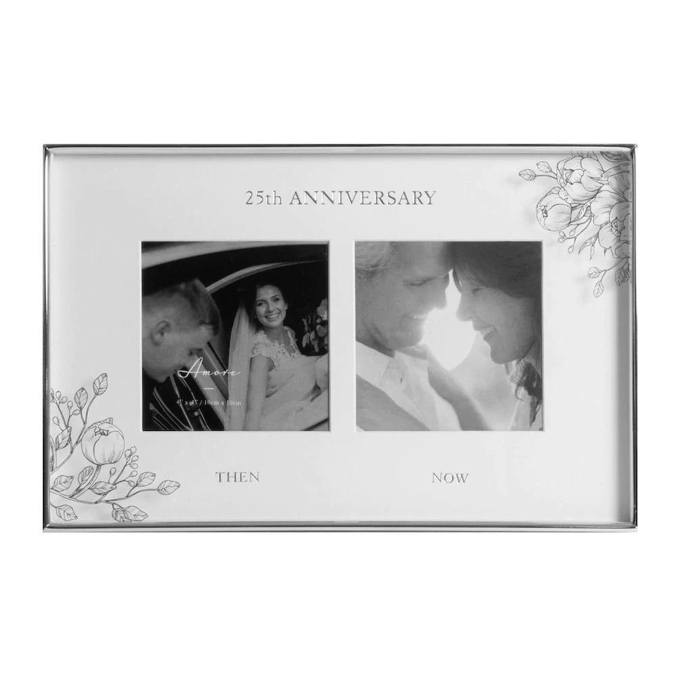 Amore Silver Foil Floral Double 25th Anniversary Photo Frame WG107625
