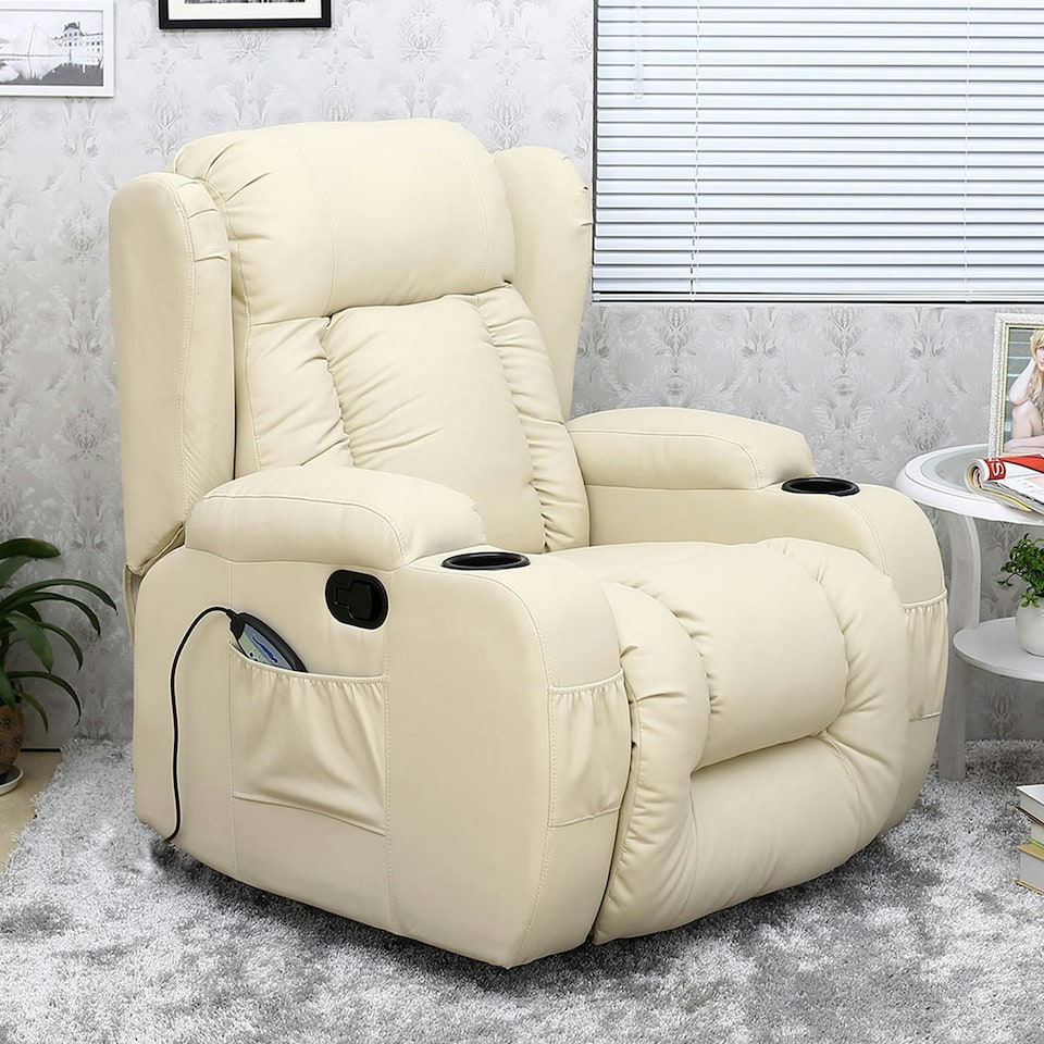 image 1 of Caesar Bonded Leather Recliner Rocking Swivel Heat & Massage Chair (Cream)