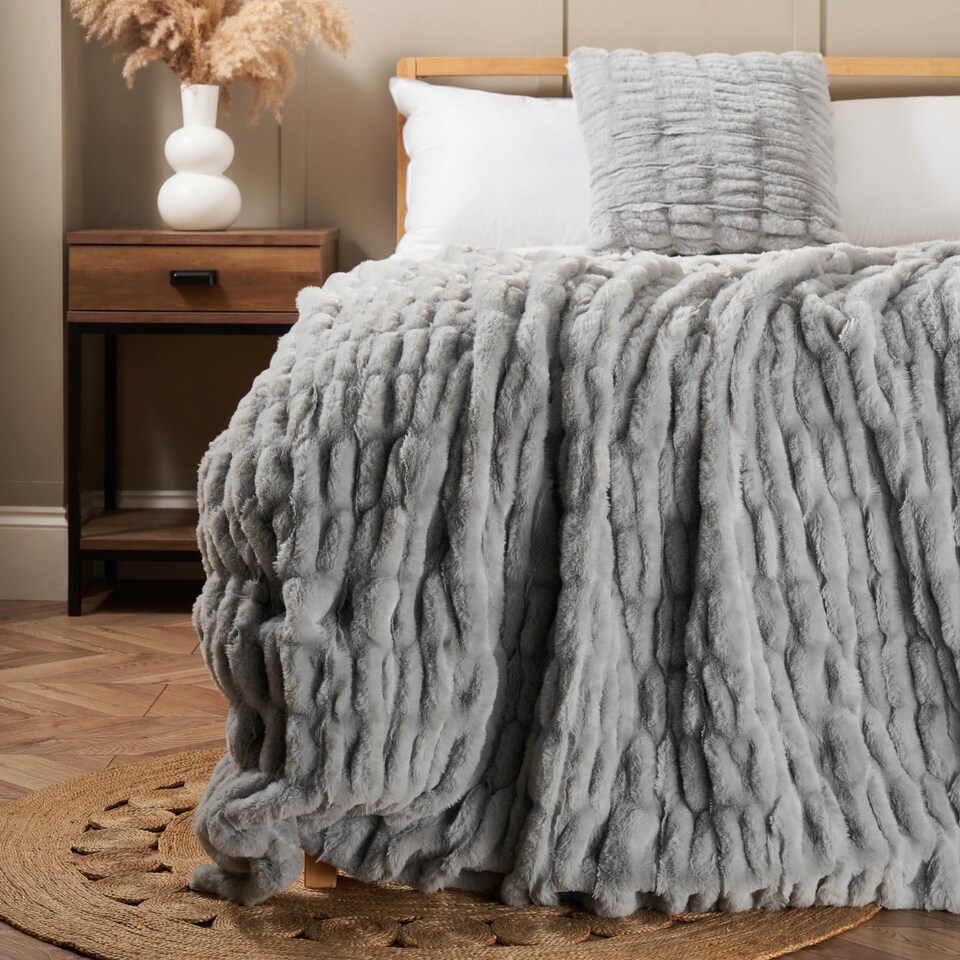 image 1 of BHS Ruched Faux Fur Throw | Grey | Grey | One Size | 1
