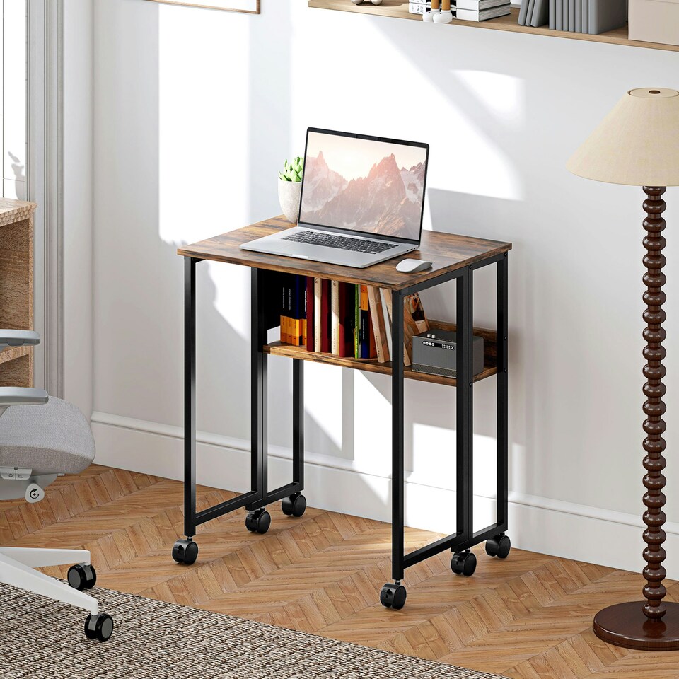 image 1 of HOMCOM 63 cm Foldable Computer Desk on Wheels for Small Spaces Brown