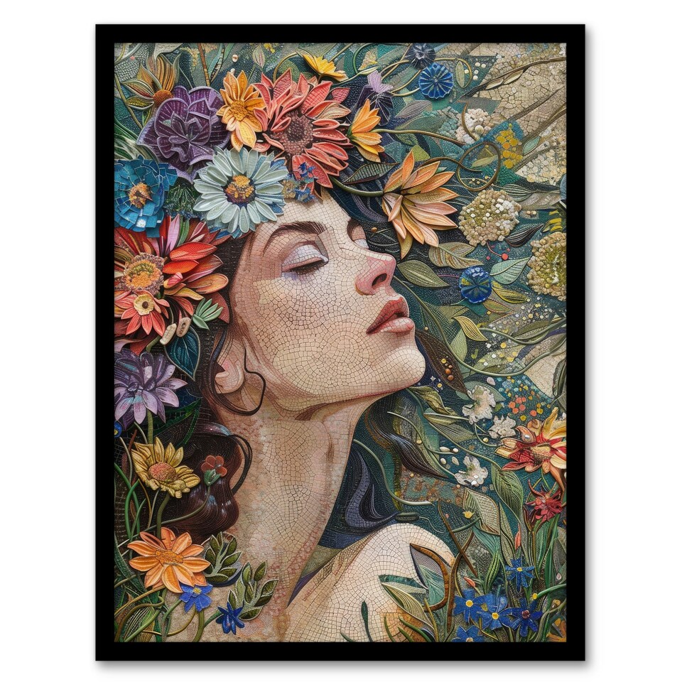 image 1 of Woman Boho Portrait Spring Flowers Mosaic Black Framed Wall Art Print A4
