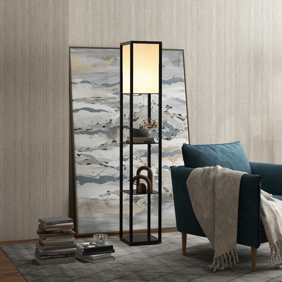 image 1 of HOMCOM Floor Lamp Reading Lamp with 3-Tier Storage Shelf for Home Office, Black