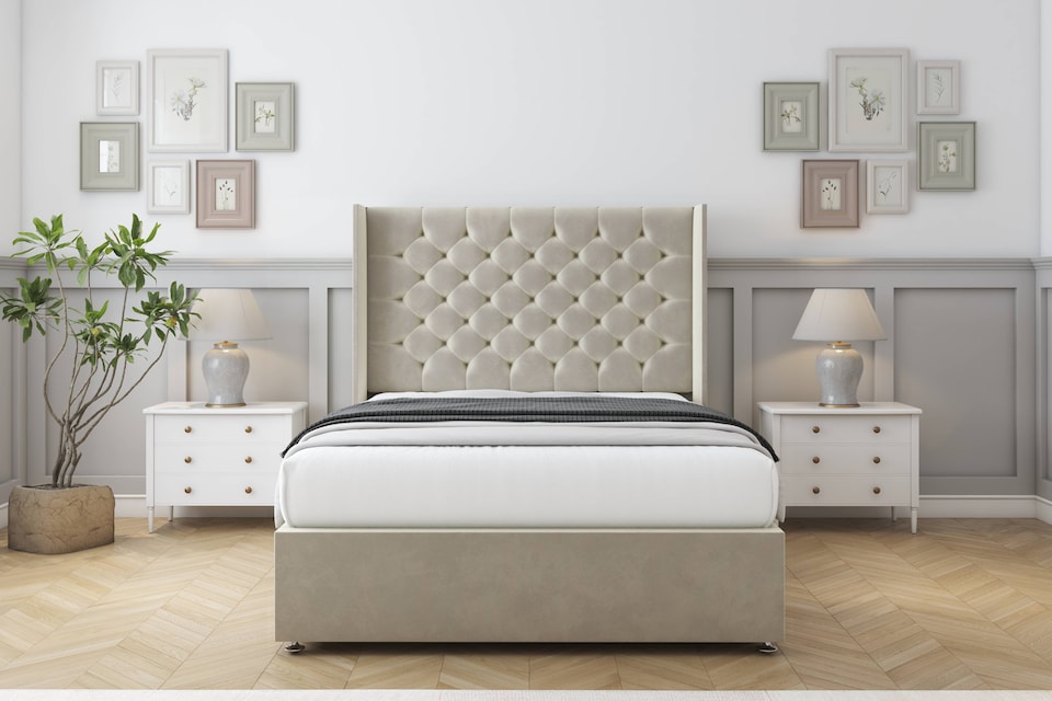 image 1 of Sloomy Dior Cream Plush Divan Bed With Mattress No Drawers With 54" Wingback Headboard 3' Single | Cream | Cream | Single | 1