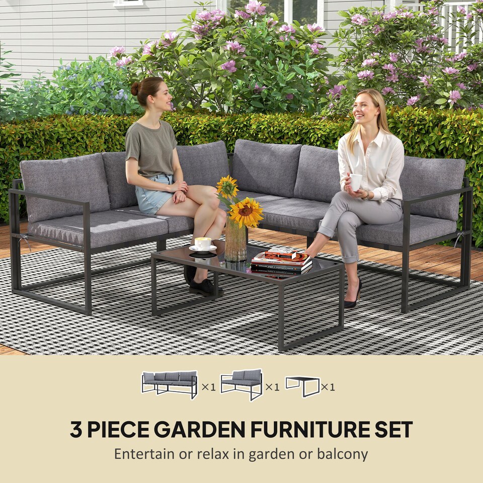 image 1 of Outsunny 3 Piece L Shaped Garden Furniture Set with Cushions, Garden Corner Sofa Set with 3-Seater Sofa, Loveseat and Tempered Glass Top Table for Outdoor, Grey