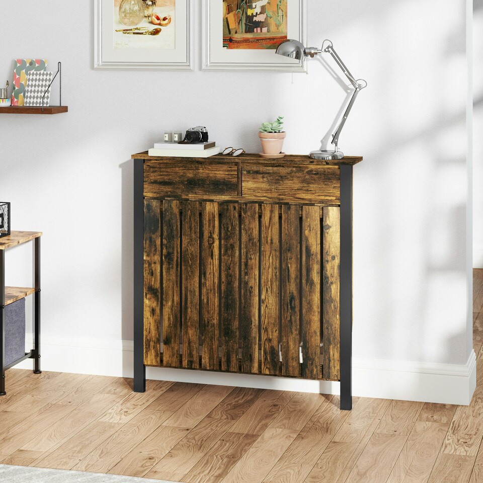 image 1 of HOMCOM Small Radiator Cover with Drawer and Vertical Slats 88.5 x 19 x 93cm