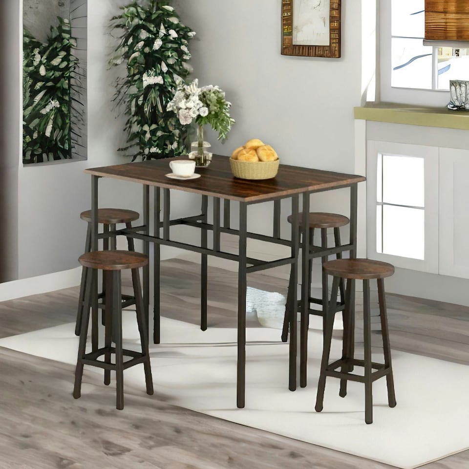 image 1 of 6PC Industrial Dining Table And Stools Set Rustic Brown Brown