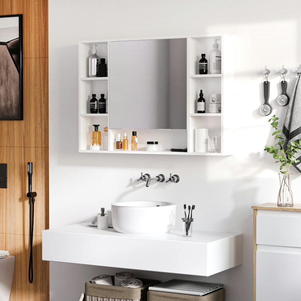 image 1 of kleankin Bathroom Cabinet Wall Mount Storage organiser Mirror Shelves White White