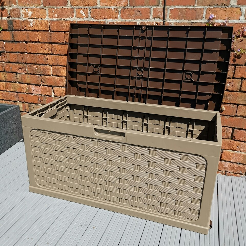 image 1 of 335 Litre Rattan Style Garden Cushion Storage Box with Sit on Lid – Dark Brown