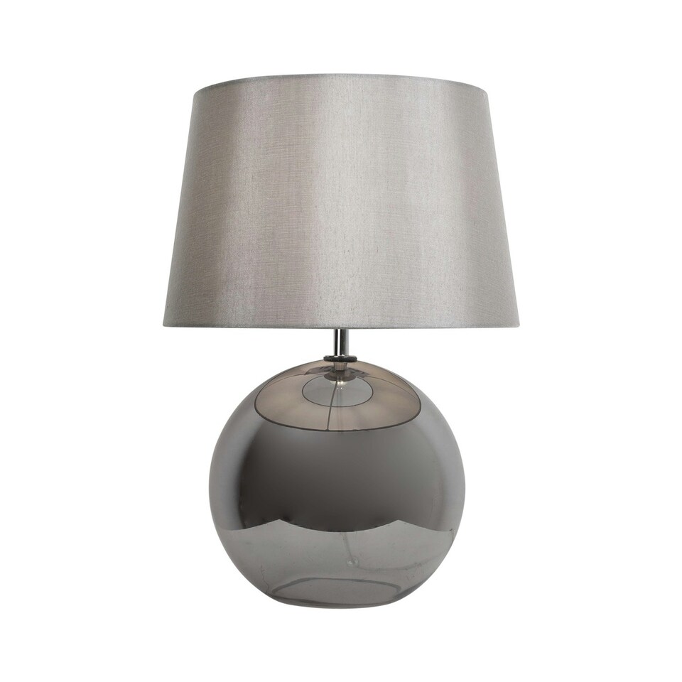 image 1 of First Choice Lighting Set of 2 Ball Smoked Glass Table Lamps with Grey Fabric Shades Grey | Grey