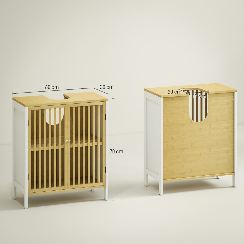 image 1 of HOMCOM Under Sink Bathroom Cabinet, Sink Storage Cabinet with Slat Doors | White | Natural | 60W x 30D x 70H cm