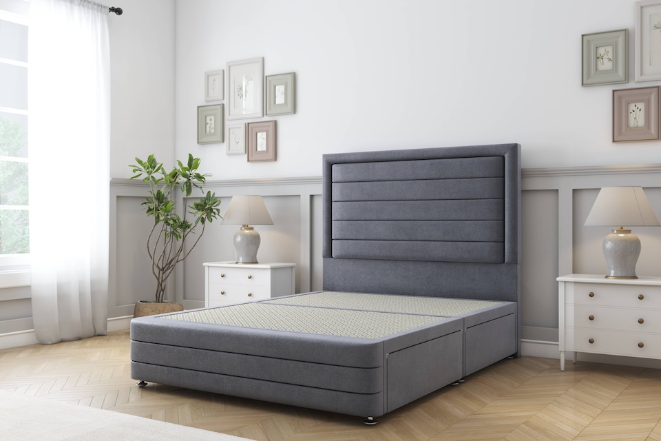 image 1 of Sloomy Ashford Steel Plush Divan Bed Base 2 Drawers Right Side With 26 Inch Strutted Headboard & 12 Inch Matching Footboard | Grey | Steel | Small Single | 1