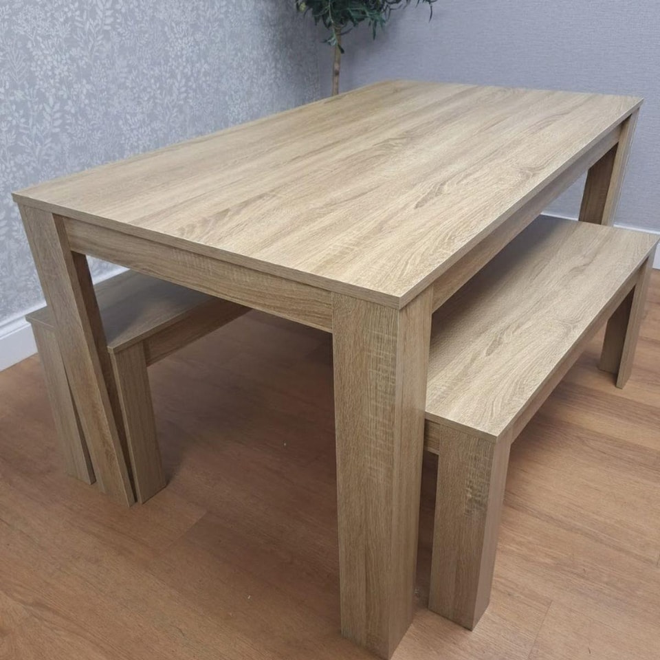image 1 of Dining Table and 2 Benches Oak Effect Table With 2 Benches Dining Room Furniture | Brown