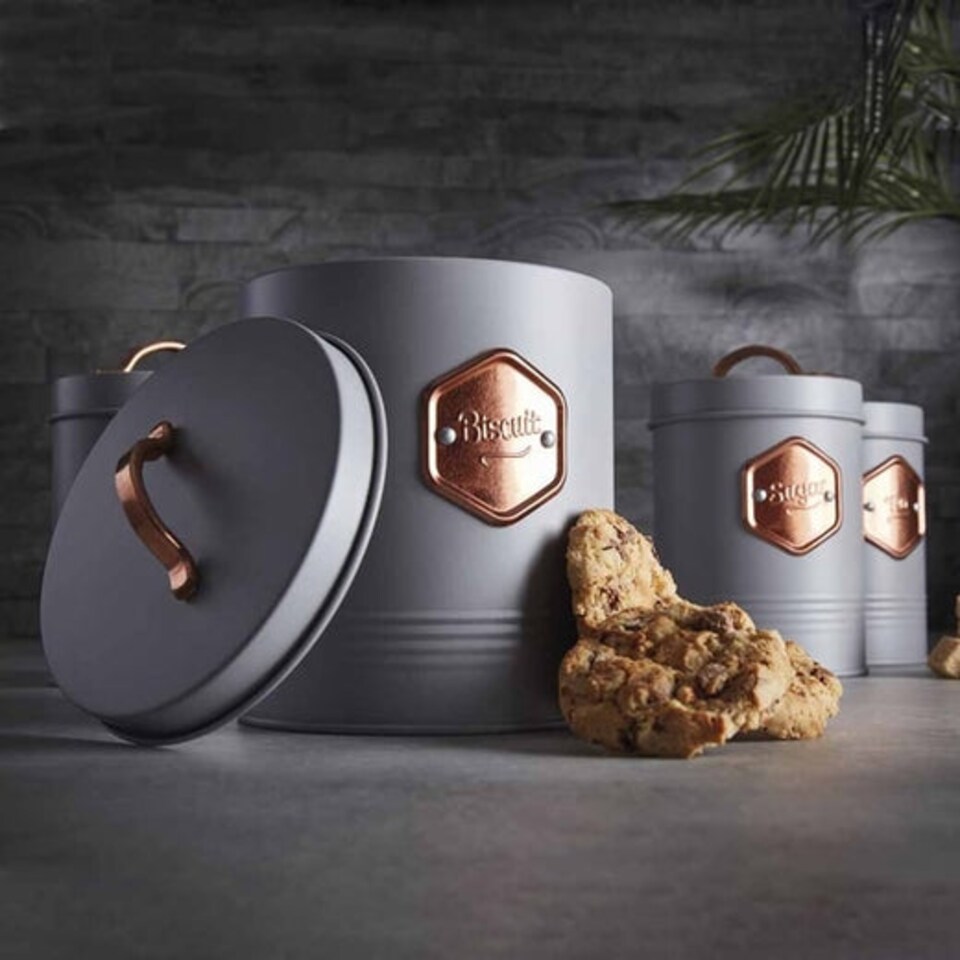 image 1 of Cooks Professional 5 Piece Kitchen Storage Set - Tea, Coffee, Sugar, Bread & Biscuit Tins | Grey | Grey & Copper | 5