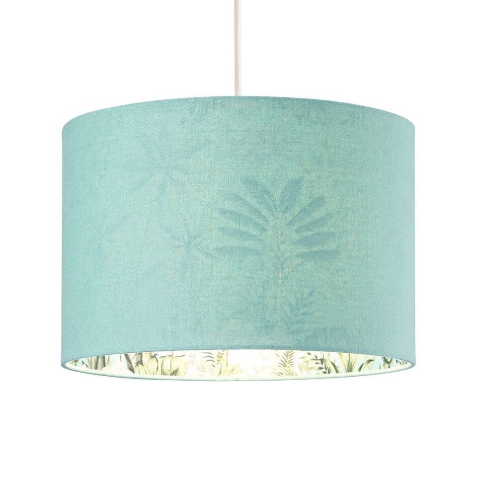 image 1 of Unique Jungle Print Duck Egg Lampshade with Palm Trees, Sloths and Elephants | Blue | Duck Egg | 1