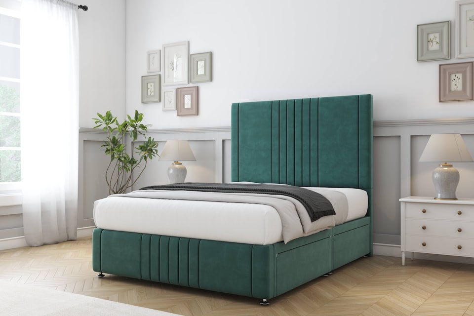 image 1 of Sloomy Harrington Emerald Plush Divan Bed With Mattress 4 Drawers With 54" Floor Standing Headboard & 12" Matching Footboard 6' Super King | Green | Emerald | Super King | 1