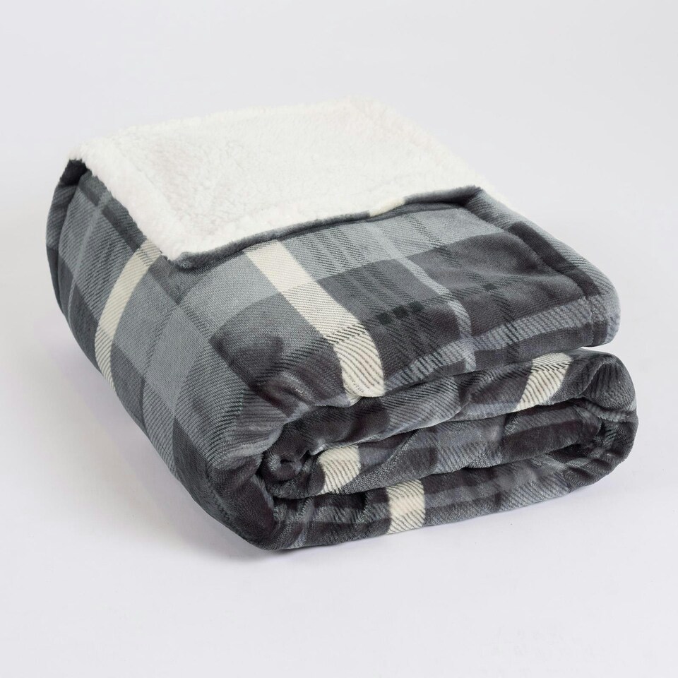 image 1 of OHS Winsford Flannel Fleece Check Printed Throw Blanket, 130x160cm - Grey