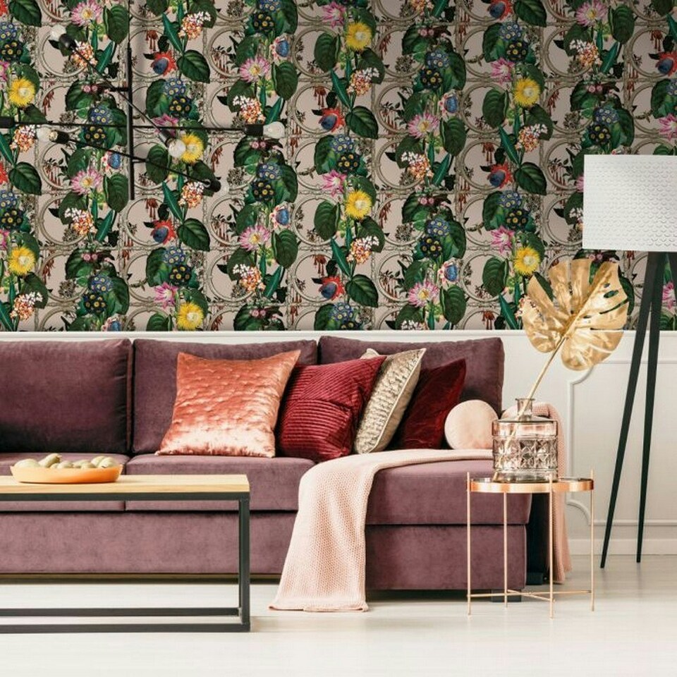 image 1 of Holden Décor Outside In Floral Gate Wallpaper - Cream/Green/Pink - 10m x 53cm Cream