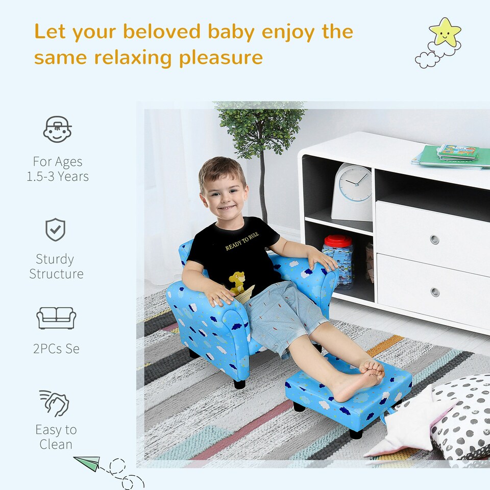 image 1 of HOMCOM Kids Armchair Children Mini Sofa Wood Frame w/ Footrest Cute Cloud Star Blue