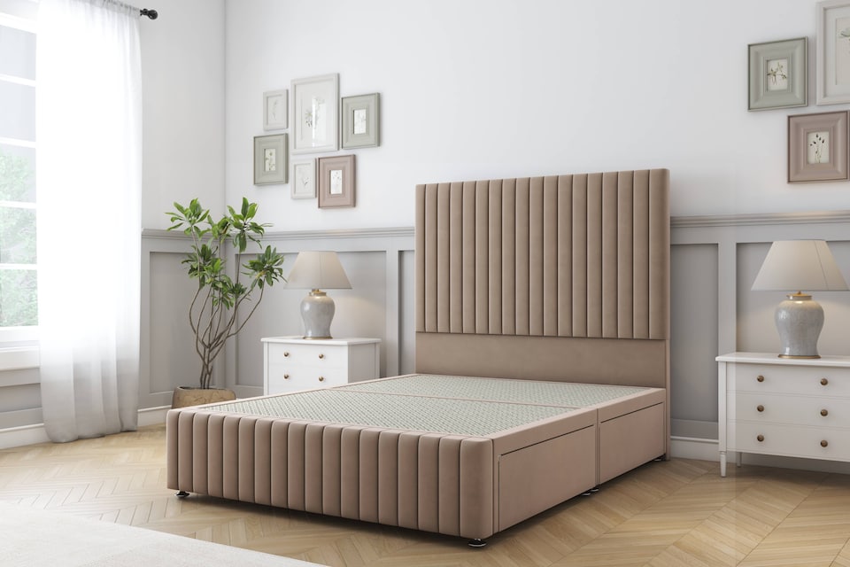 image 1 of Sloomy Madison Mink Plush Divan Bed Base 2 Drawers Left Side With 54 Inch Floor Standing Headboard & 12 Inch Matching Footboard | Brown | Mink | Double | 1