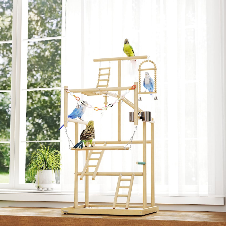 image 1 of PawHut Wooden Bird Playground with Ladders, Chain Toy, Steel Cups and Tray