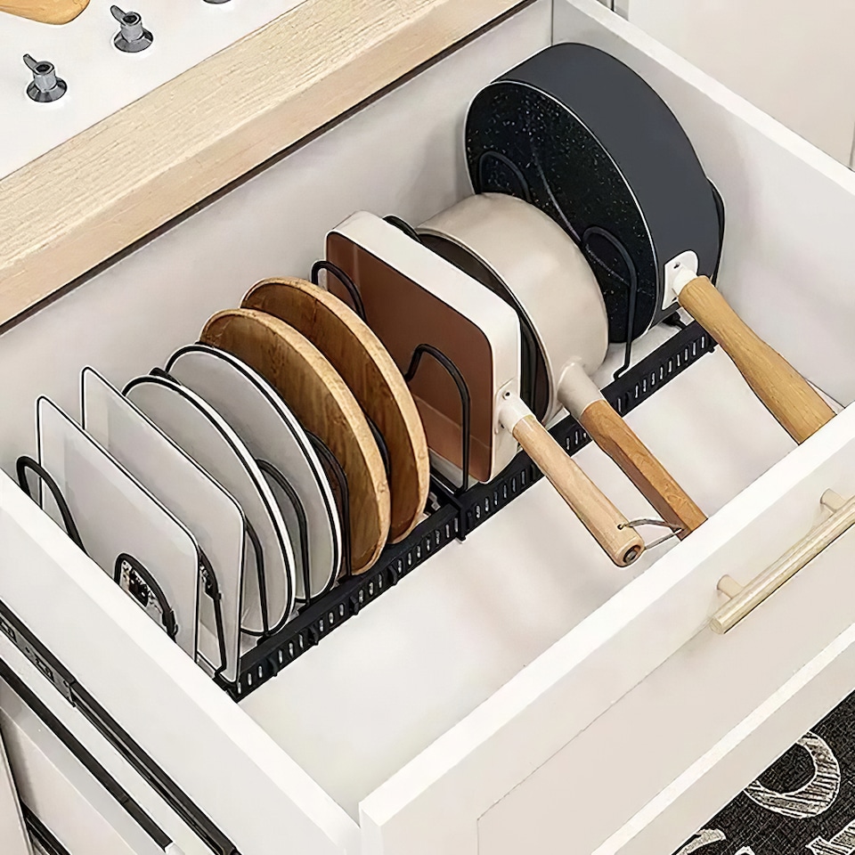 image 1 of Living and Home Expandable Pot Pan Lid Rack Pan Organiser with 10 Dividers | Black