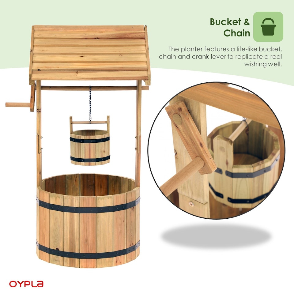 image 1 of Garden Wooden Wishing Well Flower Planter Ornamental Plant Pot | Brown