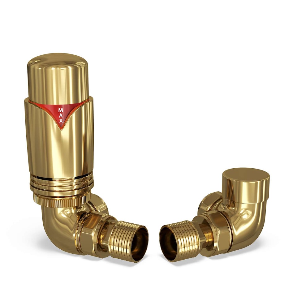 image 1 of Derry Bold - Polished Brass Thermostatic Radiator Valve & Lockshield Corner 8mm